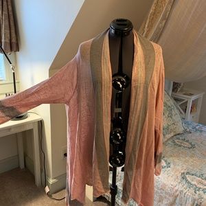 Garnet Hill Large Pink and grey border striped waterfall cardigan slub linen